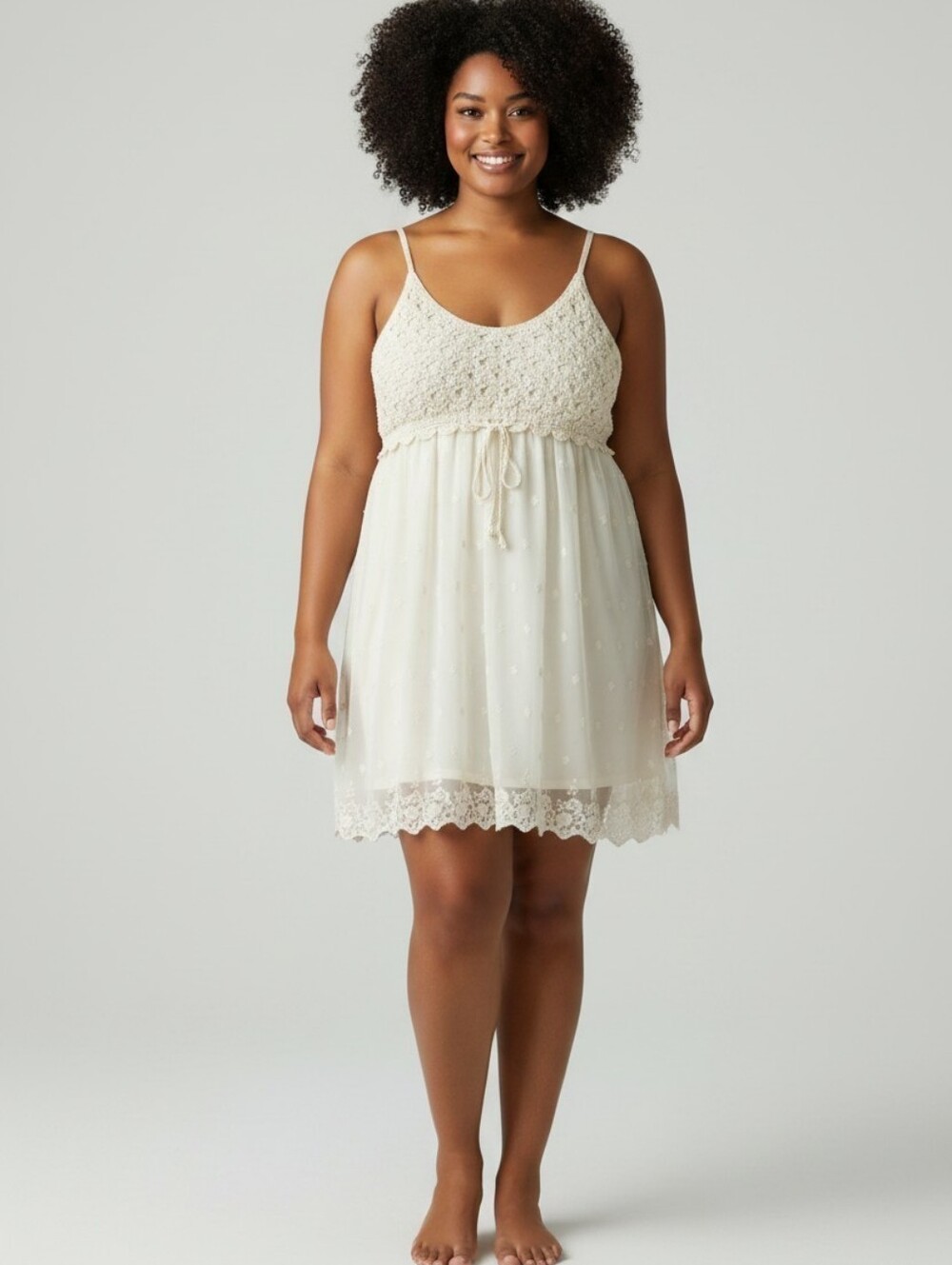 JGee Crochet Chiffon Babydoll Mini Dress 2X Ivory Sleeveless Layered Boho Empire